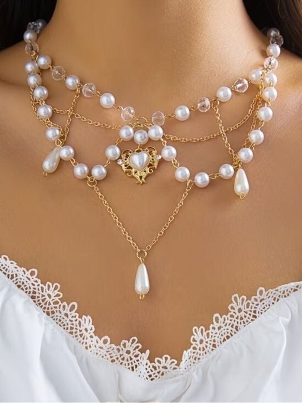 Gold Pearl Layered Heart Chandelier Necklace